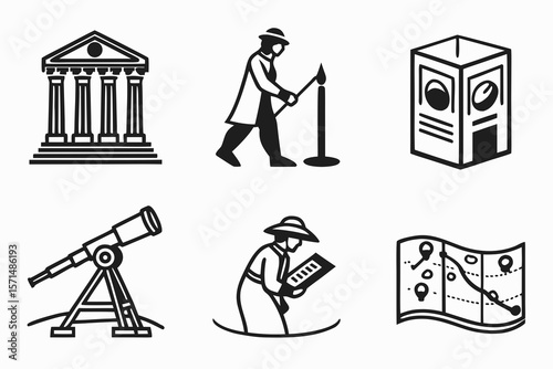 Icons of history, science, and exploration are isolated on white
