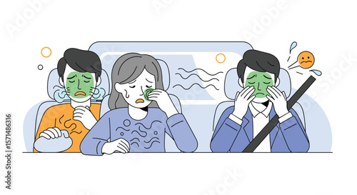Passengers in a car feeling unwell experiencing motion sickness with green faces and sweat droplets indicating discomfort and nausea on a bumpy road journey together