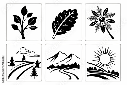 Six nature and landscape icons isolated on white background
