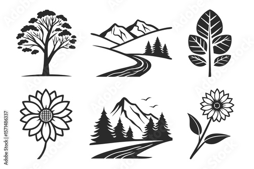 Six nature and landscape icons isolated on white background
