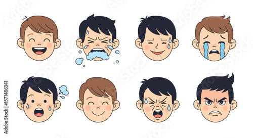Collection of diverse human emotion expressions displayed by young boys with different feelings and reactions