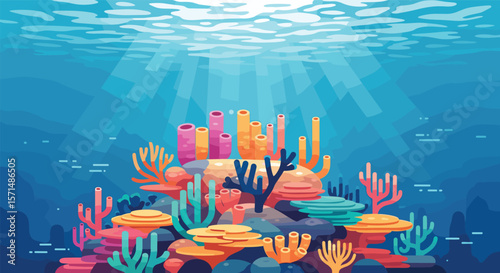 Vibrant underwater coral reef ecosystem teeming with diverse marine life and sunlight rays illuminating the ocean depths