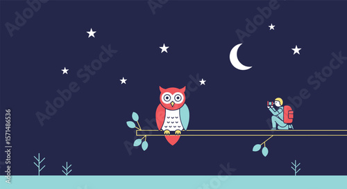 A curious owl observes a hiker under the moonlit starry night sky in a whimsical forest