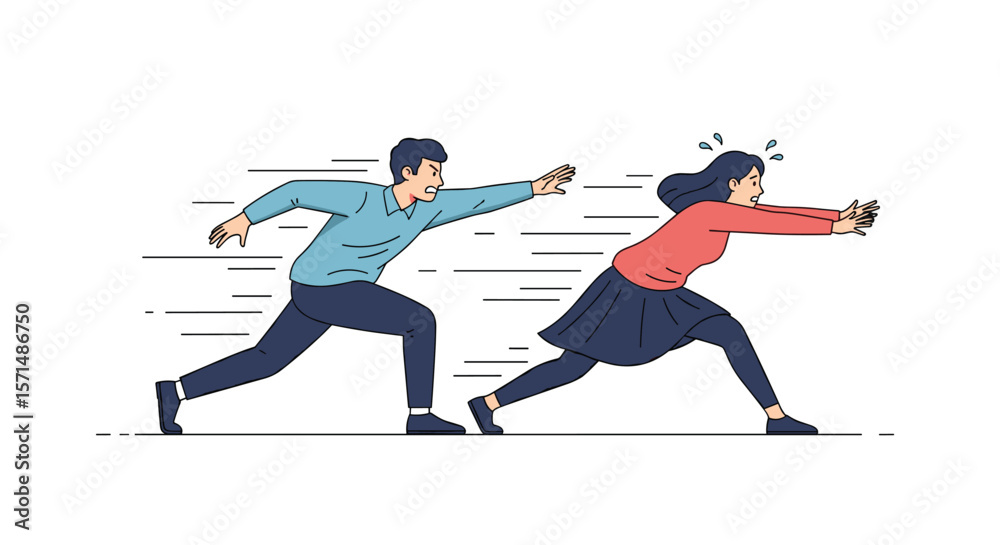 Obraz premium Man chasing woman danger fear motion people running dynamic movement stressed