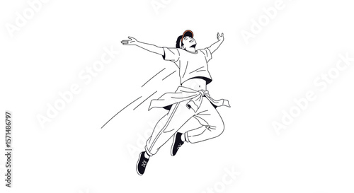 An energetic dancer leaping through the air with arms extended in a joyful expression of movement and grace