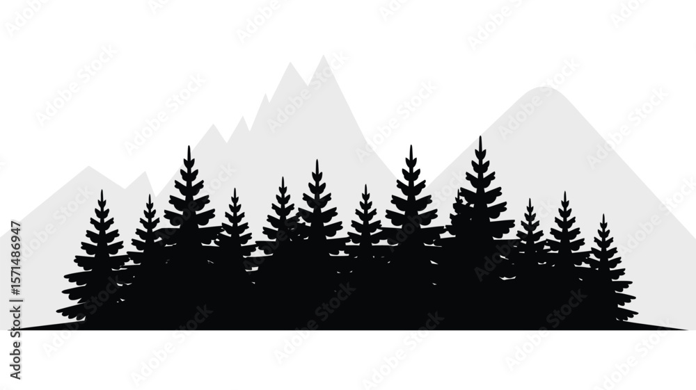 Obraz premium Evergreen trees stand in silhouette against mountains, creating a striking landscape with nature's beauty.