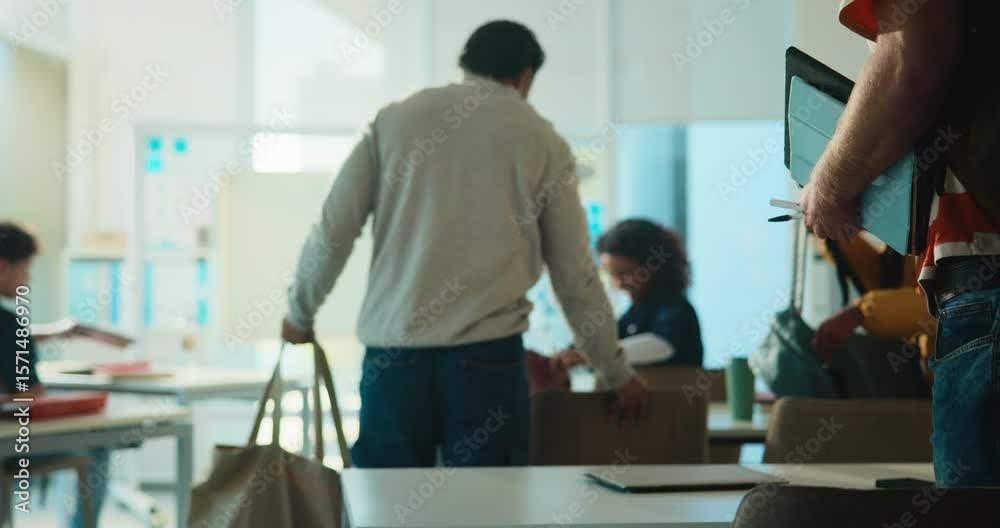 University, back and education with students in classroom for college, scholarship and study. Professor, academy and curriculum lesson with people on campus for learning, solution or lecture