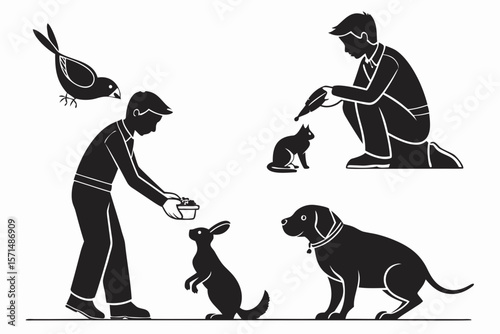 A boy feeds a bird, cat, and rabbit, while a dog looks on