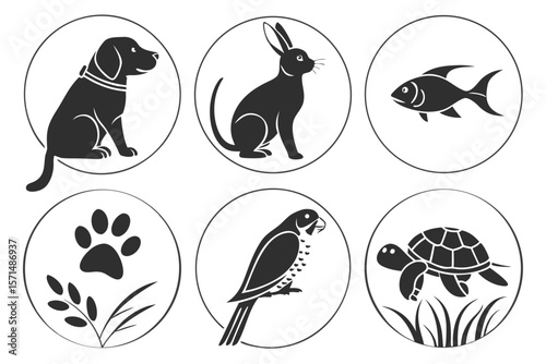 Six animal icons show a dog, rabbit, fish, paw print, parrot, and turtle