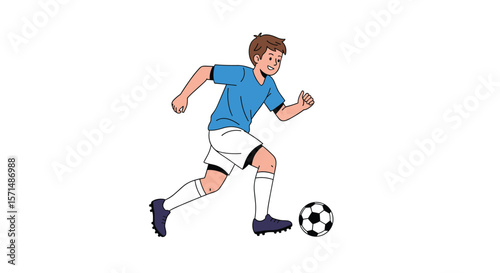 Young boy in a blue shirt and white shorts dribbles a soccer ball during a game with determination and skill