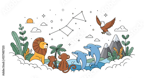A wonderful wildlife spectacle featuring majestic animals under a starry sky with mountains and oceans