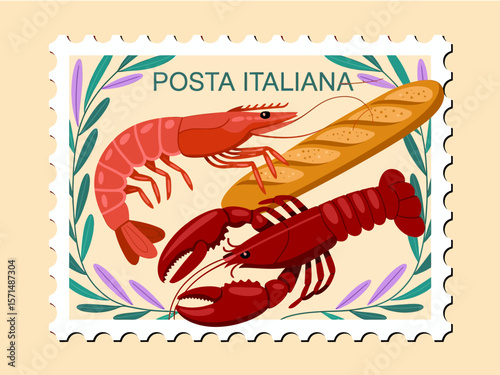 Posta italiana seafood stamp, lobster and shrimp, olive branch border, Mediterranean cuisine, vintage travel, retro vector art