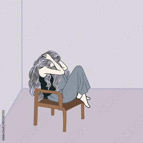 A sad woman sitting curled up on a chair in a quiet room, expressing loneliness, emotional distress, or depression.
