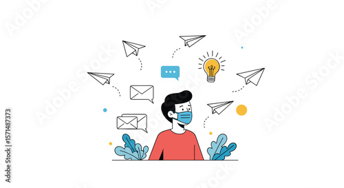Creative person surrounded by messages and ideas illustrating communication and innovation