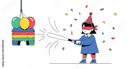 Children celebrate a fun birthday party with a colorful pinata and festive confetti
