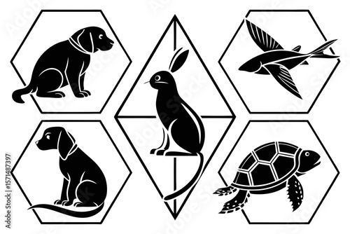 Geometric animal icons show a dog, rabbit, bird, and turtle
