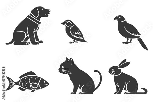 A dog, two birds, a cat, a fish, and a rabbit isolated on white background