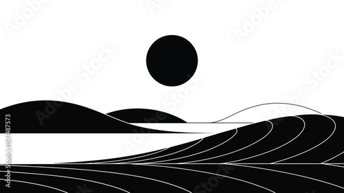 Minimalist seascape art presents a black sun above stylized waves and land in a striking, monochrome palette.