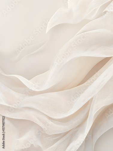 An elegant, abstract background of soft, flowing white silk or chiffon fabric with gentle folds.