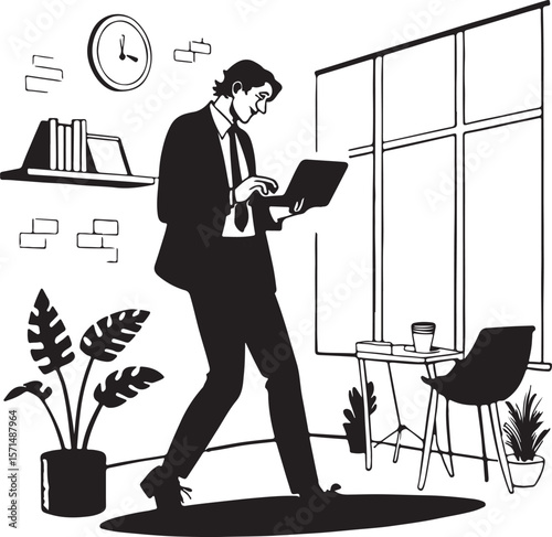 Black and White Illustration Businessman Laptop Office Walking Suit Tie Plant Clock vector