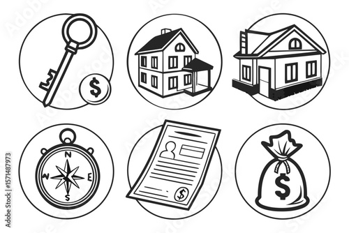 Real estate icons show keys, houses, compass, documents, and money
