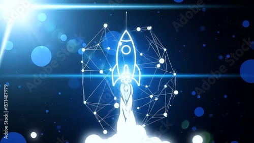 Rocket launching into futuristic digital space
