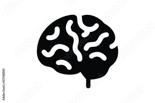 A stylized black and white illustration of a human brain, featuring smooth, flowing lines that represent the brain's neural pathways. The design is symmetrical, highlighting the left and right hemisph