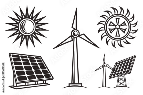 Black and white icons of renewable energy sources sun, wind, and solar