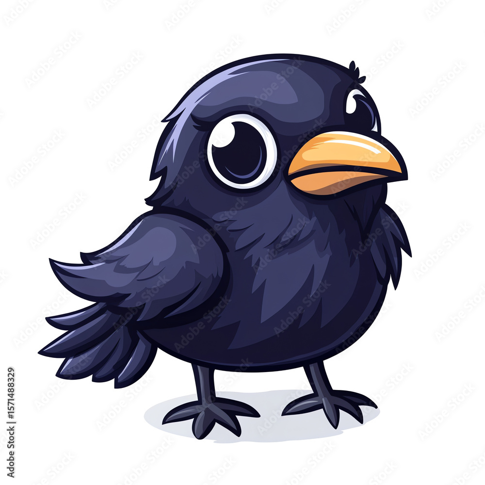 Obraz premium Adorable Cartoon Baby Crow Illustration: A charming, dark-blue baby crow with big, expressive eyes and a bright orange beak