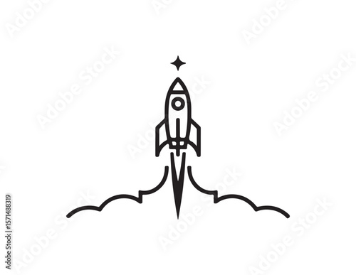 Stylized rocket launching with smoke trails and a star isolated on white background