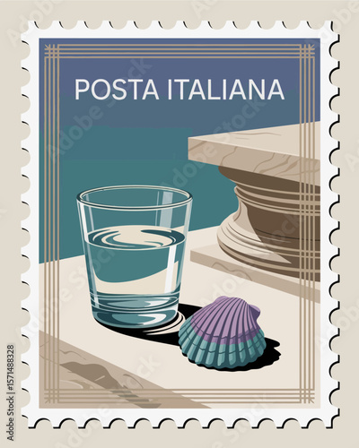 Mediterranean bounty seafood stamp, fish, shrimp, tomato, Italian cuisine, coastal travel, vintage vacation, retro vector art