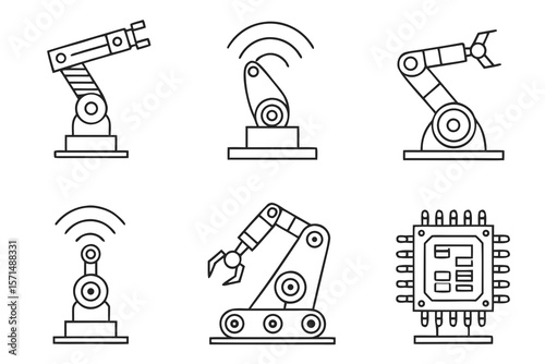 Robotic arms and circuit chips isolated on white background