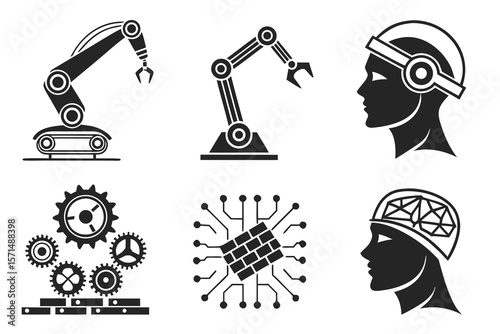 Robotic arms and artificial intelligence elements isolated on white background