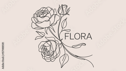 Elegant rose floral design with "FLORA" text, a beautiful botanical art for invitations, stationery or brand identity.