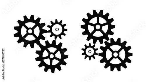 Interlocking gears and cogs illustrate teamwork, business solutions, and mechanical processes on a clean white background.