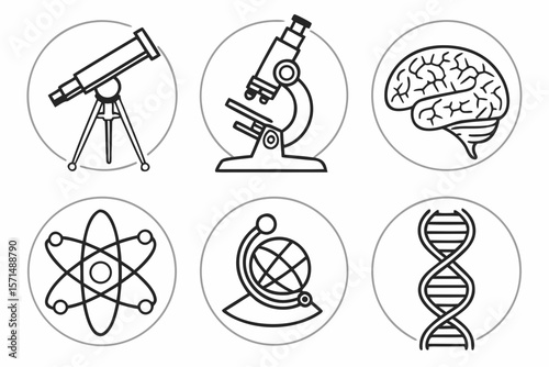 Scientific icons including a telescope, microscope, and brain isolated on white