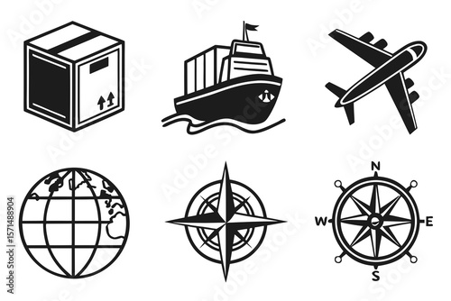 Black and white icons represent global shipping and transportation methods