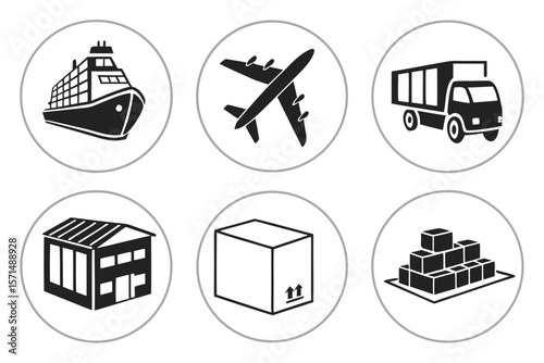Black and white icons depict cargo and shipping methods in circles