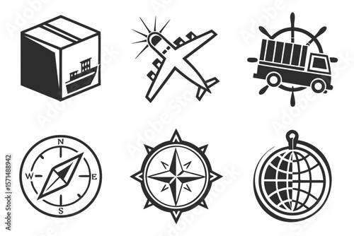 Black and white icons represent global shipping and navigation elements
