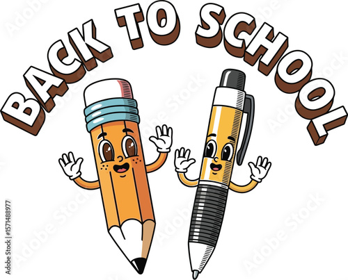 Cartoon pencil and pen characters with back to school text on beige backdrop
