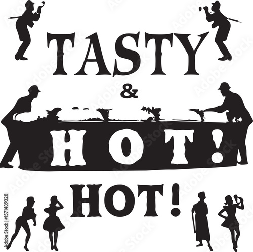 Black And White Silhouette Illustration Tasty And Hot Food Serving Scene With People vector