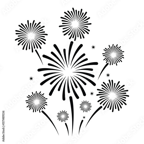 Black fireworks are exploding in the night sky, isolated on white background