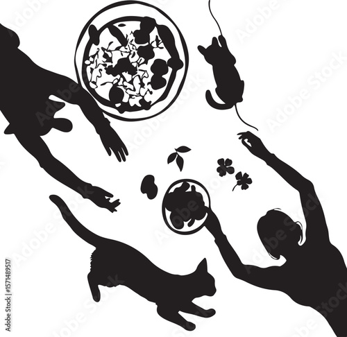 Black and White Silhouette Illustration of People and Cats Sharing a Meal Pizza and Cat Food Bowls Top View