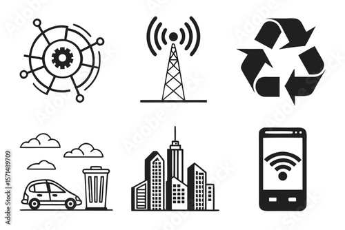 Black and white icons depict smart city technology and sustainability