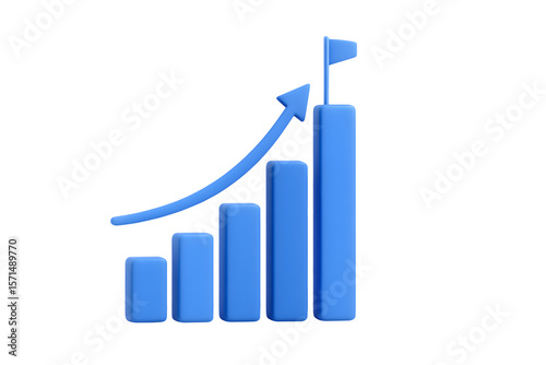 Free Download 3D blue growing bar chart icon with upward arrow and success flag isolated on transparent background - GFXLoad