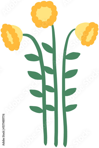 Hand drawn Yellow Flowers with green stem and leaves