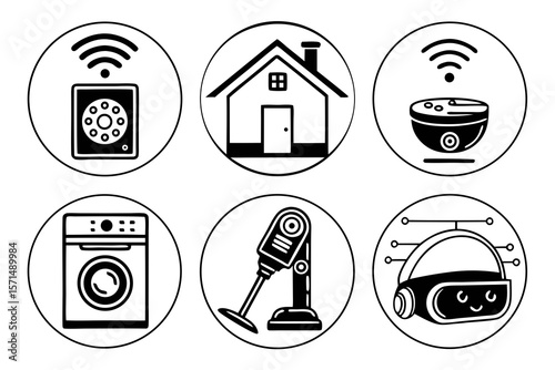 Black and white icons depict smart home technology isolated on white