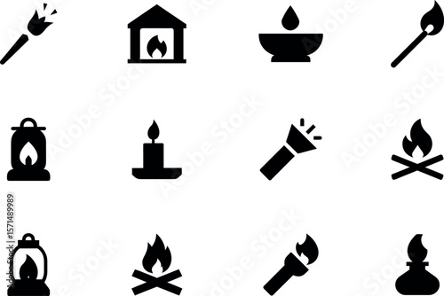 Black silhouette vector icon set of light and fire sources