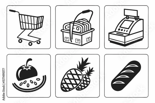 Six black and white icons represent grocery shopping and food items