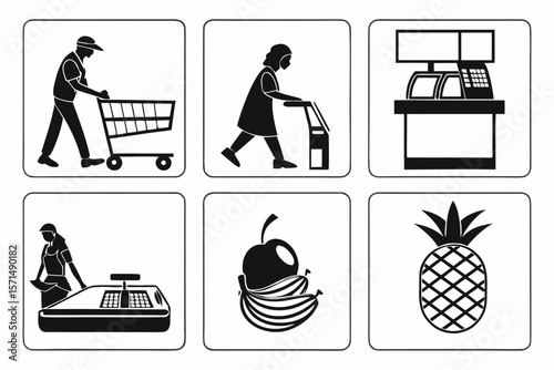 Black and white icons depict people shopping and working at a grocery store